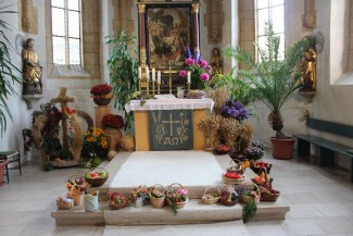 Geschmückter Altarraum zu Erntedank mit vielen Gaben.